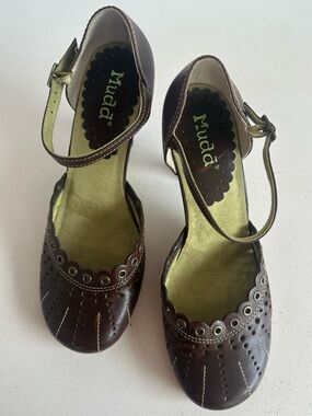Mudd Brown Ankle-Strap Heels with Scalloped Eyelet Detail